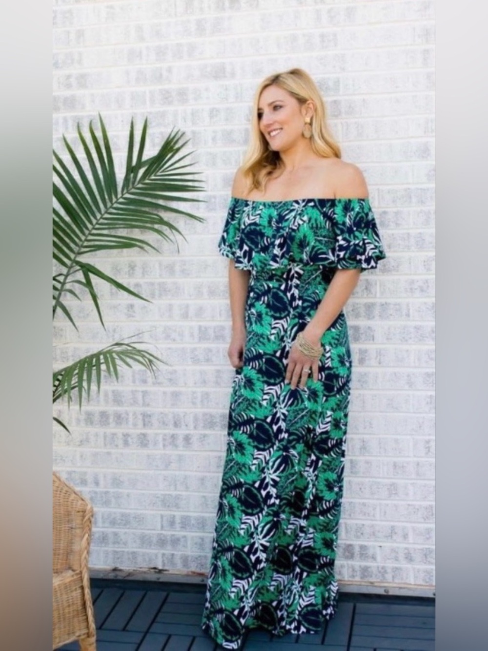 Floral Green and navy off the shoulder flounce Maxi Dress lots of stretch